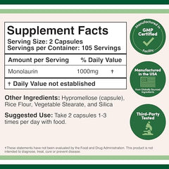 Back of monolaurin bottle showing serving size and ingredients