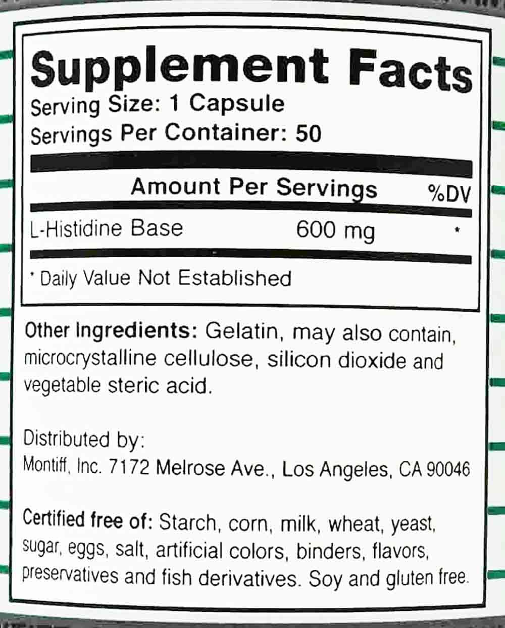 Close-up of L-Histidine 600 mg supplement label
