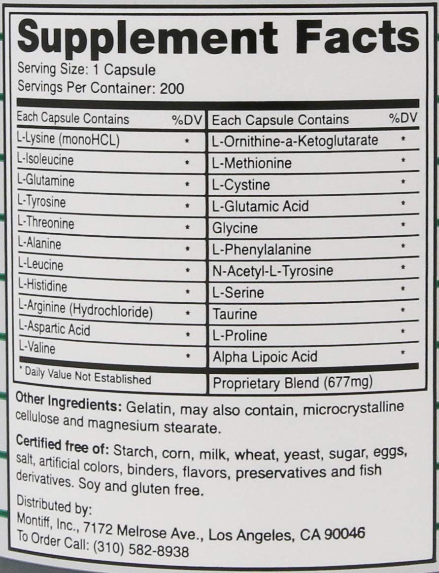 Close-up of All-Basic 677 mg 200 Capsules label with amino acids