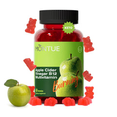 Montue Sugar Free Apple Cider Vinegar Gummies with B12 bottle on a white background