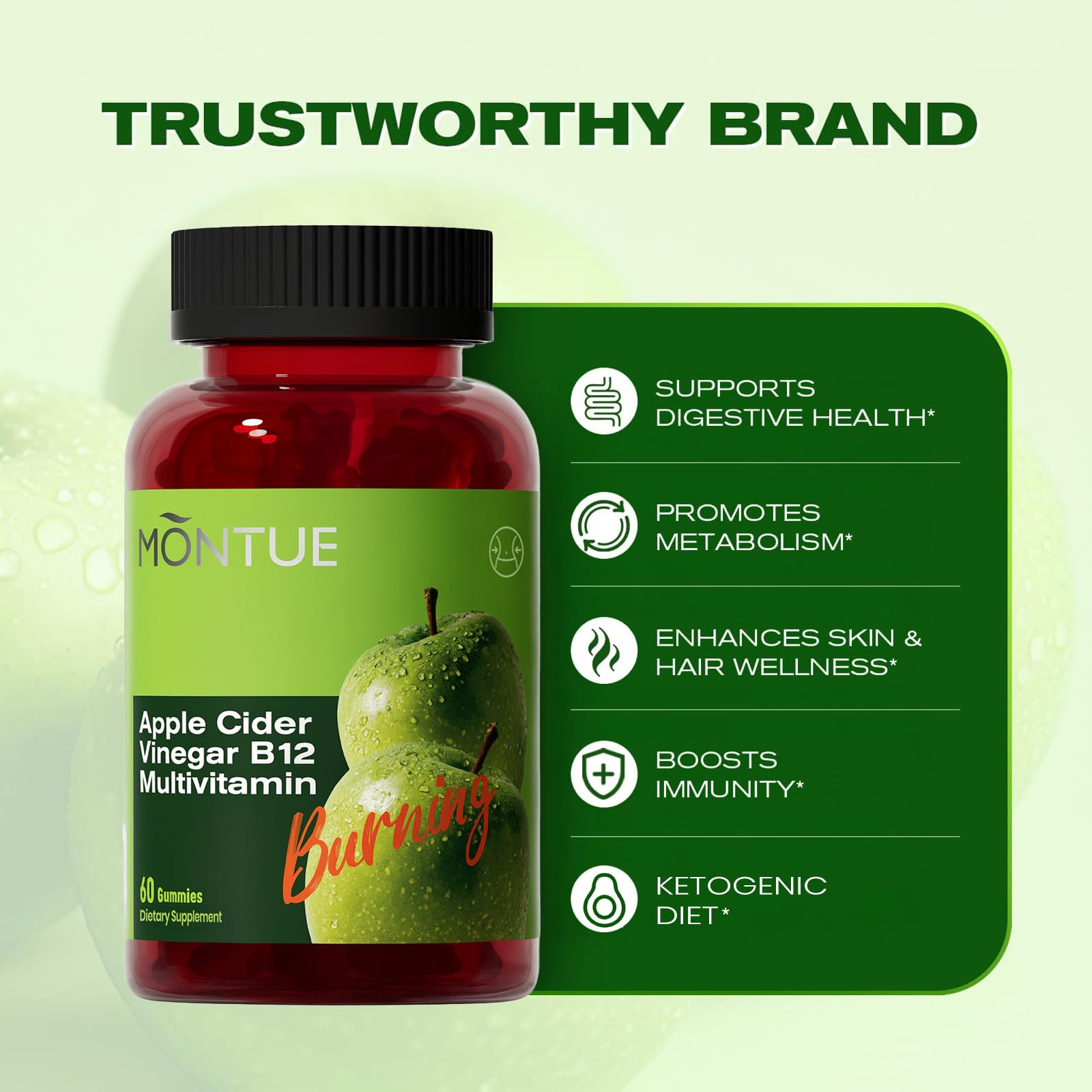 Bottle of Montue ACV Gummies with B12 and non-GMO indication