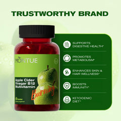 Bottle of Montue ACV Gummies with B12 and non-GMO indication