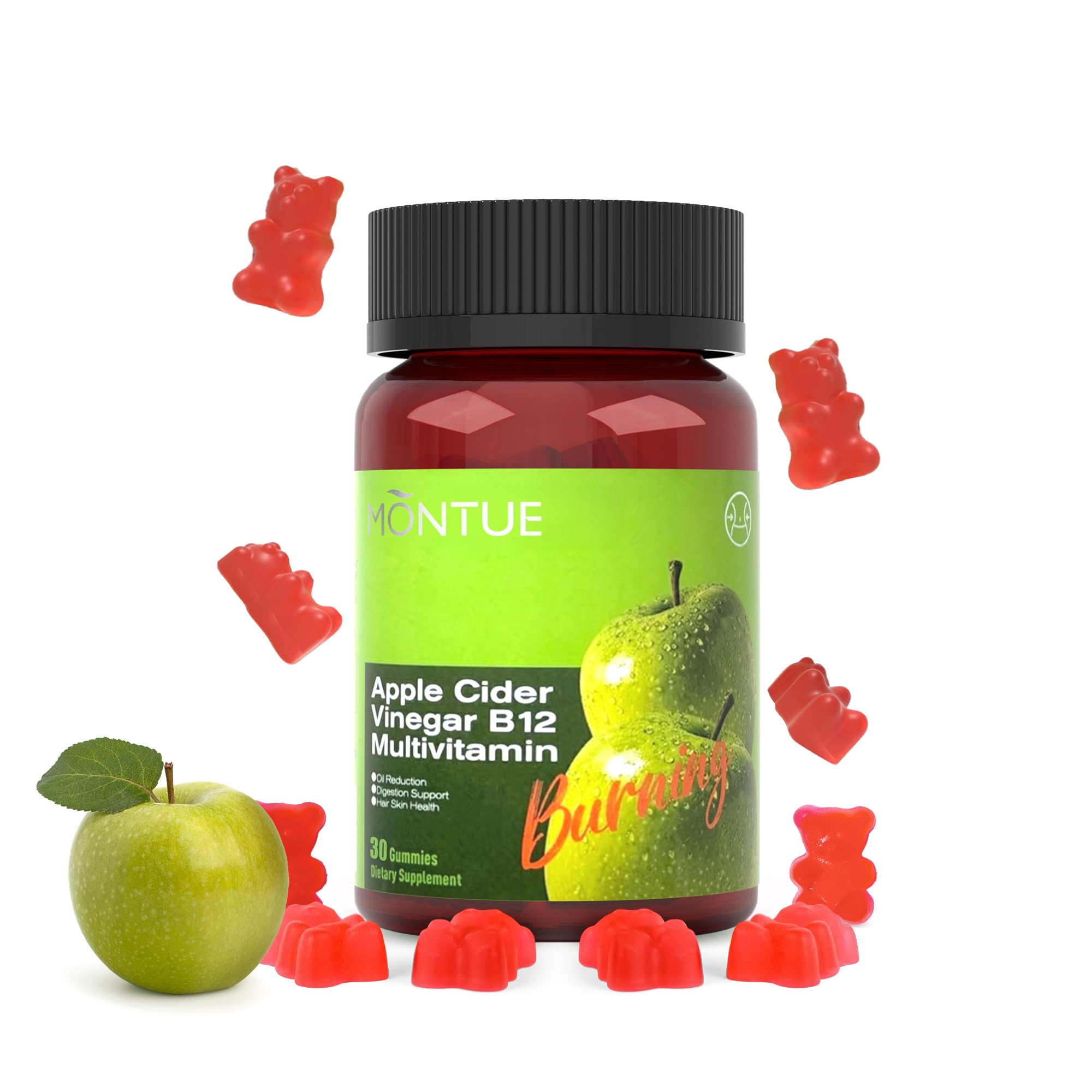 Montue Apple Cider Vinegar Gummies bottle with B12 multivitamin, 60 gummies