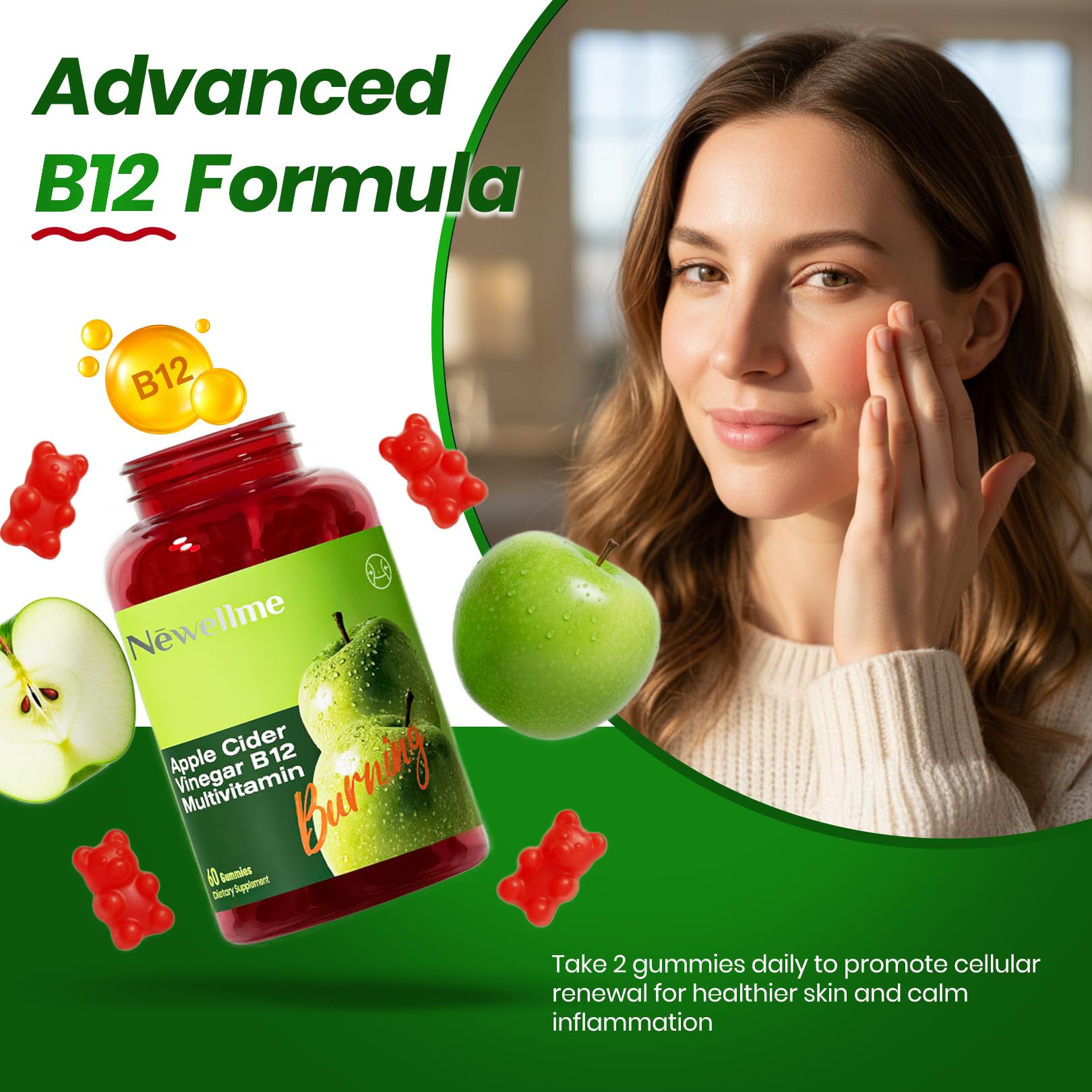 Montue Newellme gummies pack showing B12 multivitamin for energy and gut health