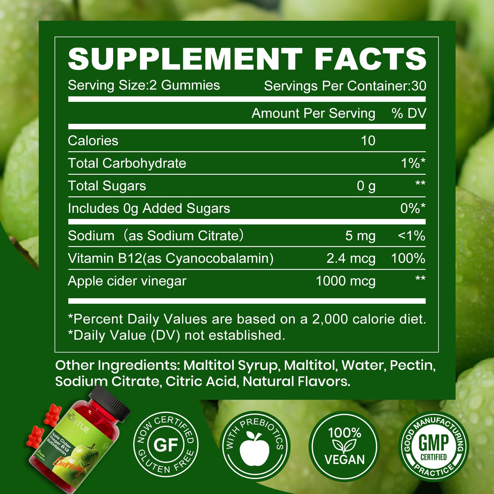 Montue NEWELLME label and ingredients panel, showing non-GMO and vegan benefits