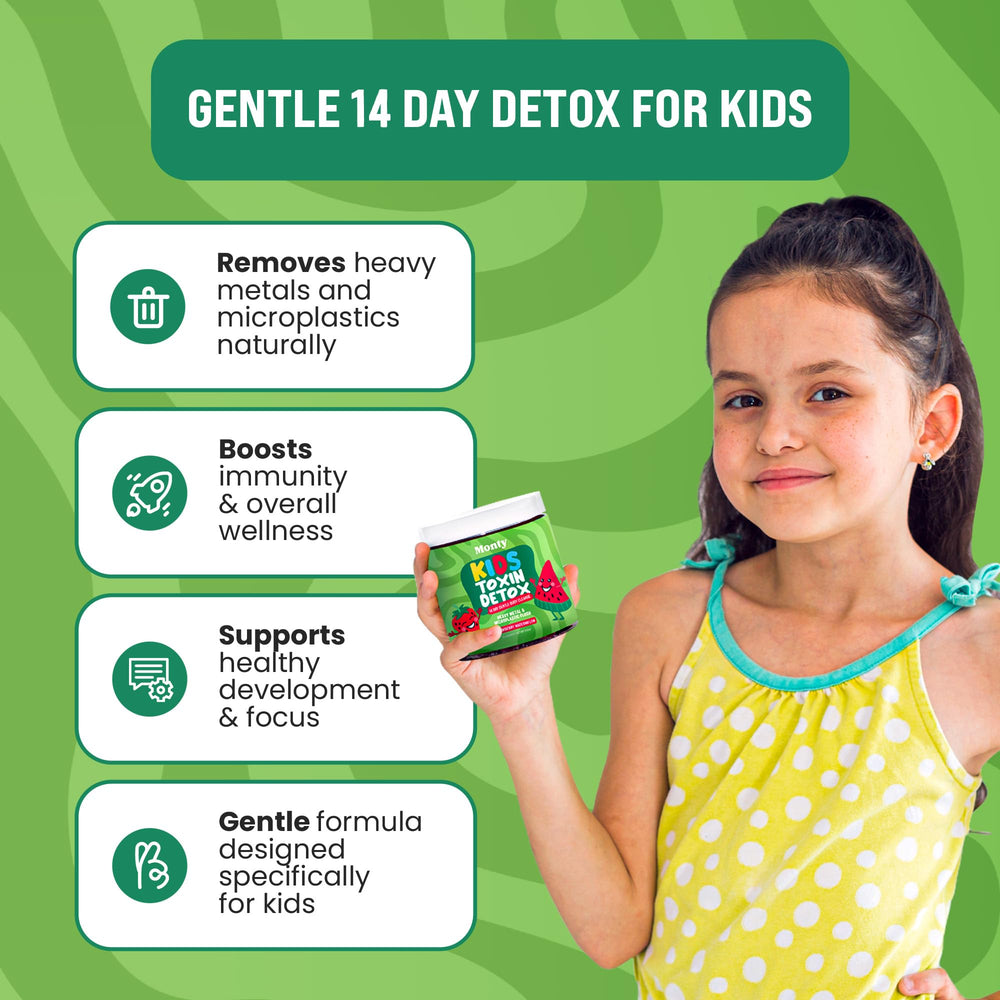 Monty Supplements Kids Gummies Strawberry Watermelon showing kid-friendly flavor for daily detox routine