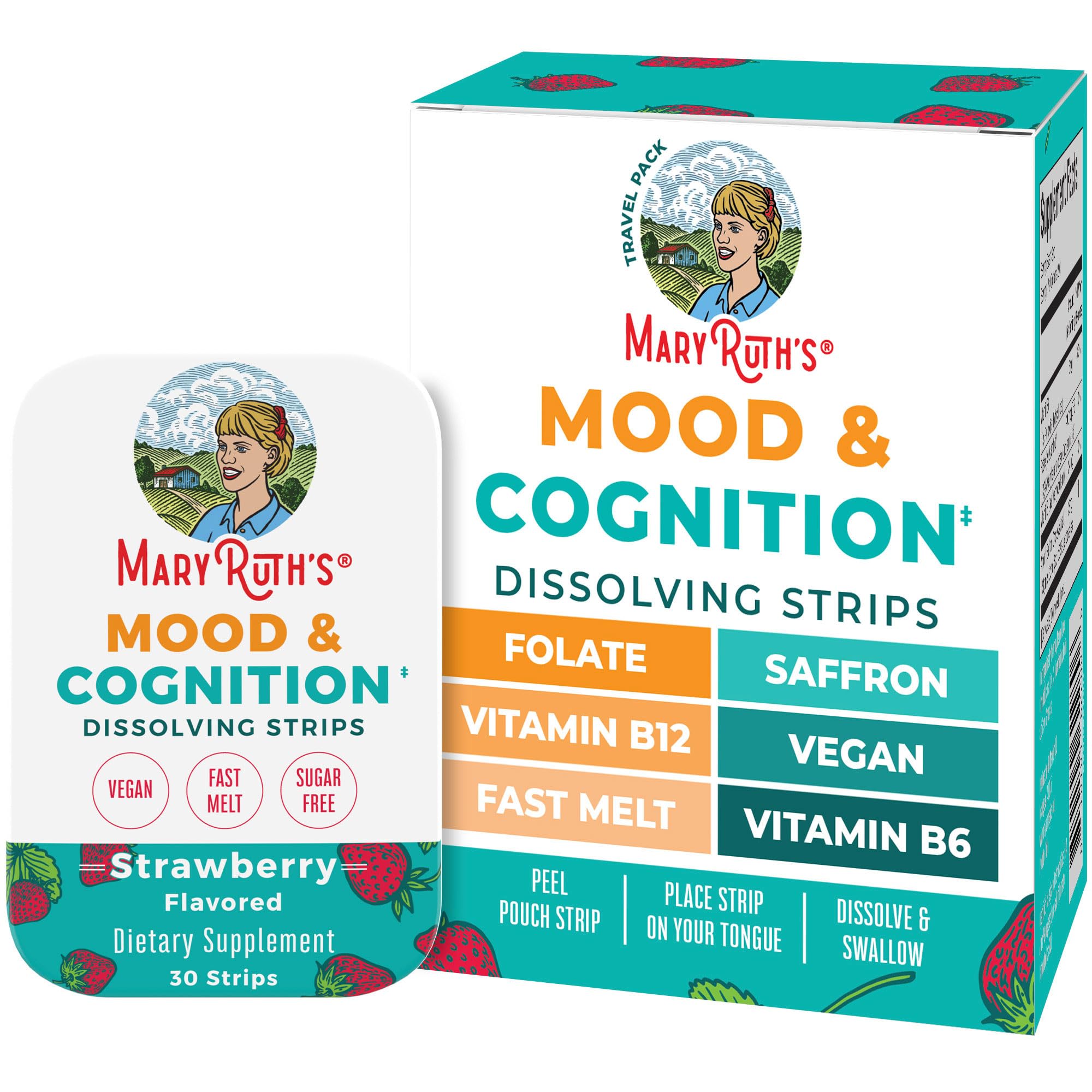 MaryRuth's Mood & Cognition Dissolving Strips packaging and 30-count tin
