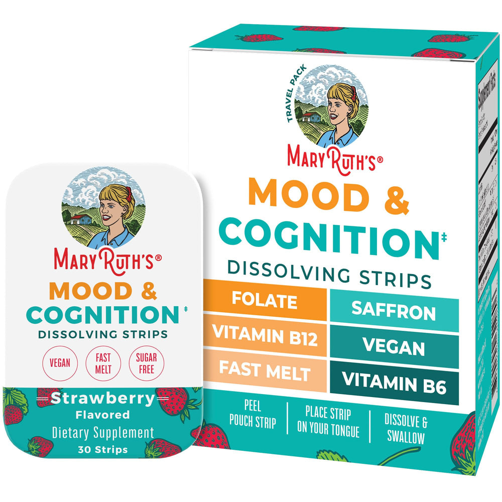 MaryRuth's Mood & Cognition Dissolving Strips packaging and 30-count tin