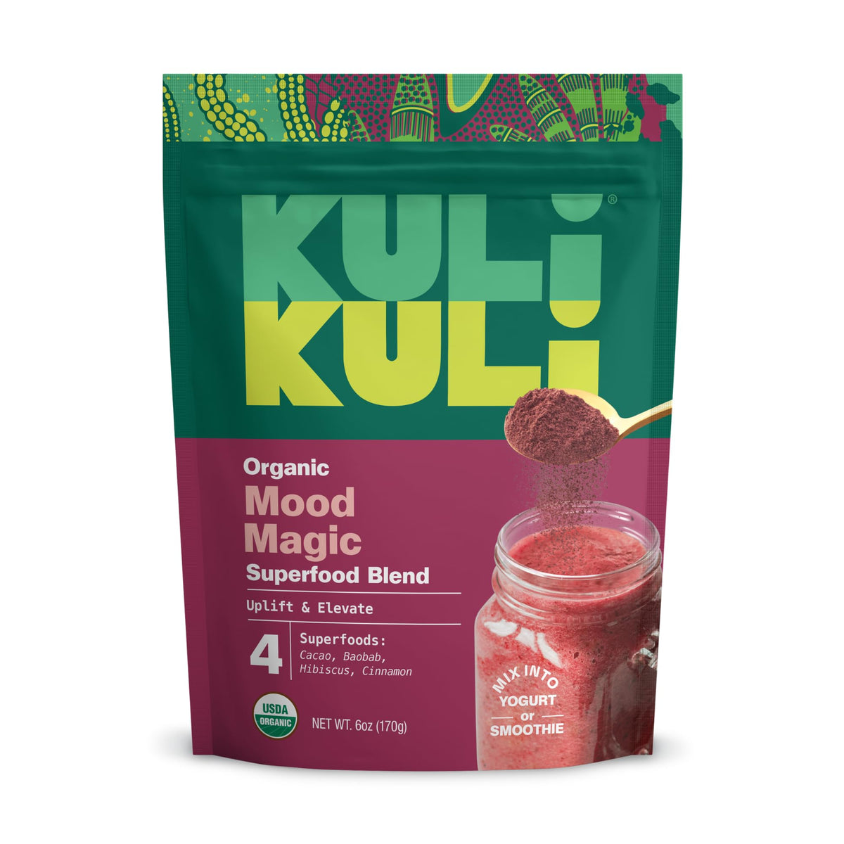 Mood Magic 6 oz organic uplifting superfood powder bottle