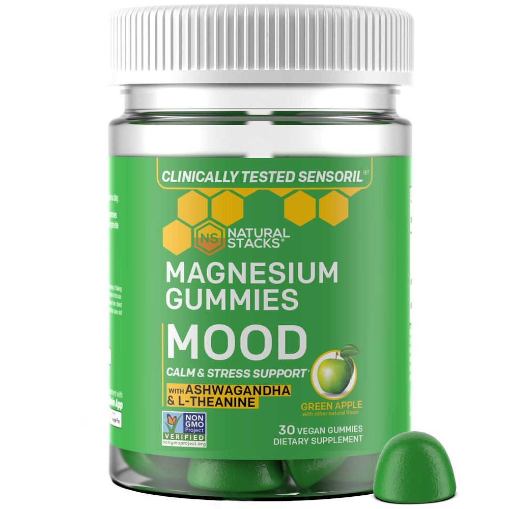 Mood Magnesium Gummies bottle labeled 200mg magnesium citrate and 125mg Sensoril ashwagandha