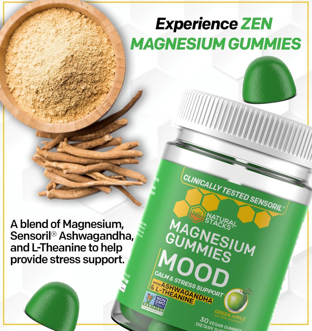 Sealed bottle with 30 green apple mood magnesium gummies