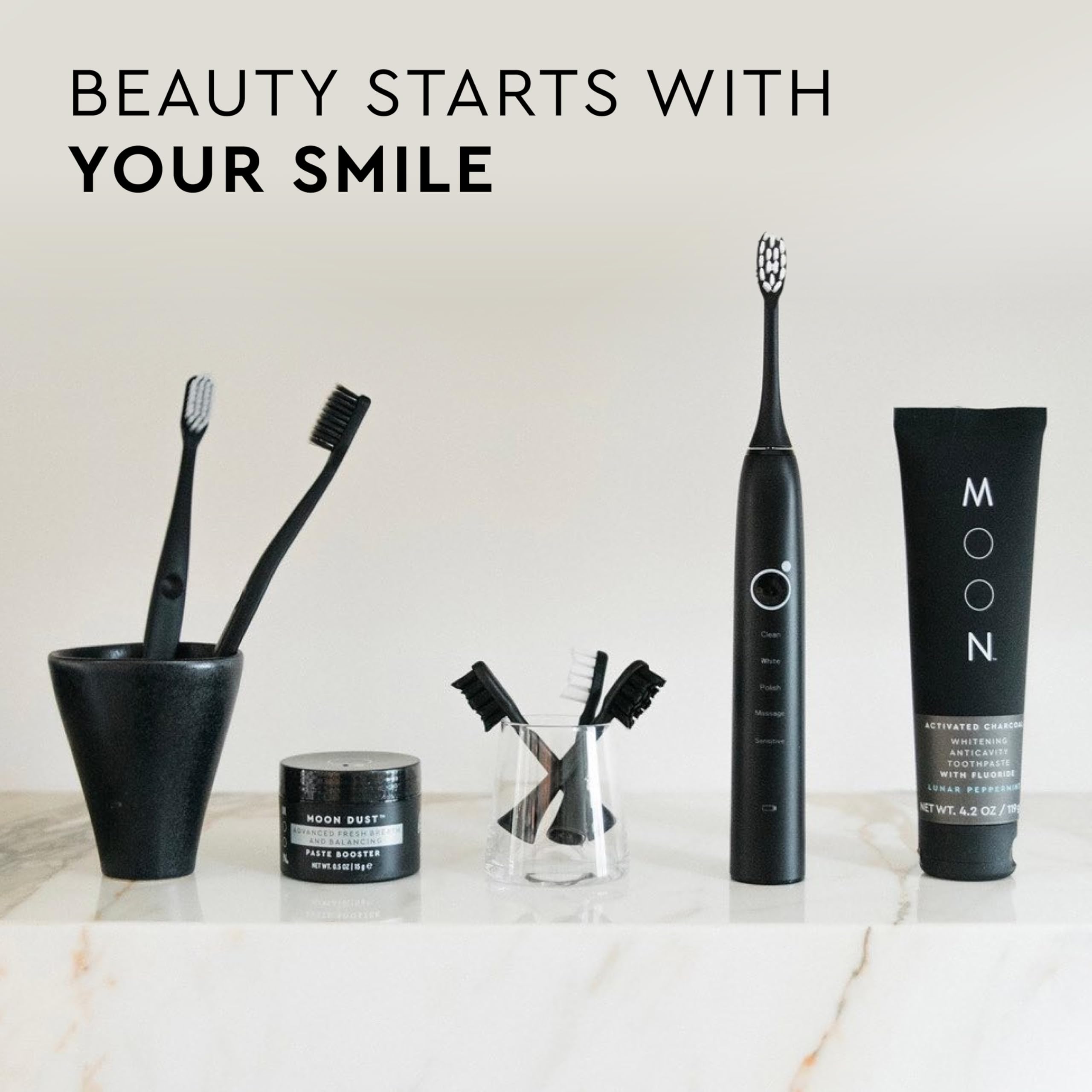 Gum health and cavity protection concept with MOON toothpaste