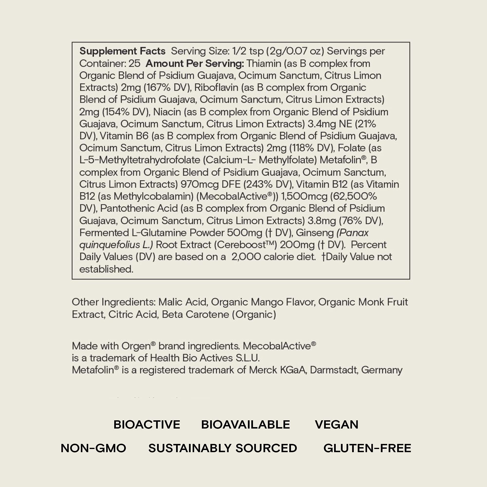 Label close-up for Moon Juice Ting Mango B-Complex