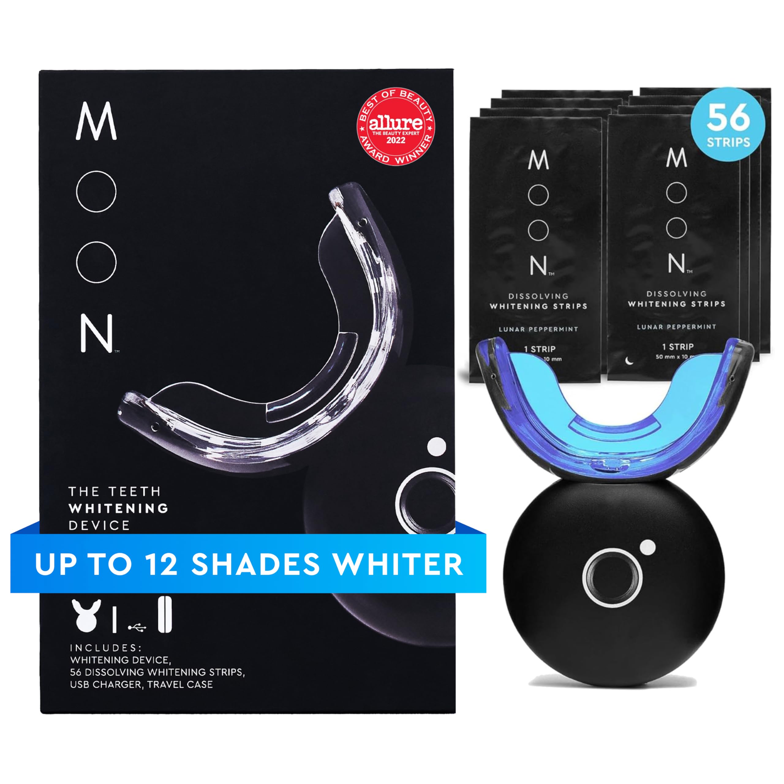 MOON Teeth Whitening Kit with LED device, 56 whitening strips, travel case and accessories on a white background
