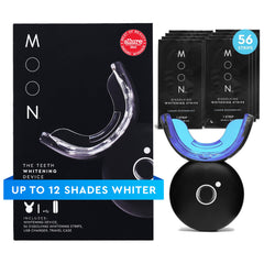 MOON Teeth Whitening Kit with LED device, 56 whitening strips, travel case and accessories on a white background