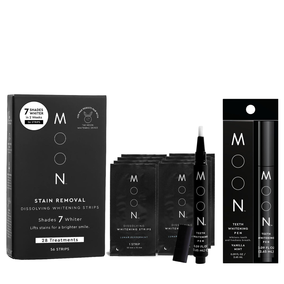 MOON Whitening Pen and 56-count Dissolving Strips duo – Vanilla Mint, front view