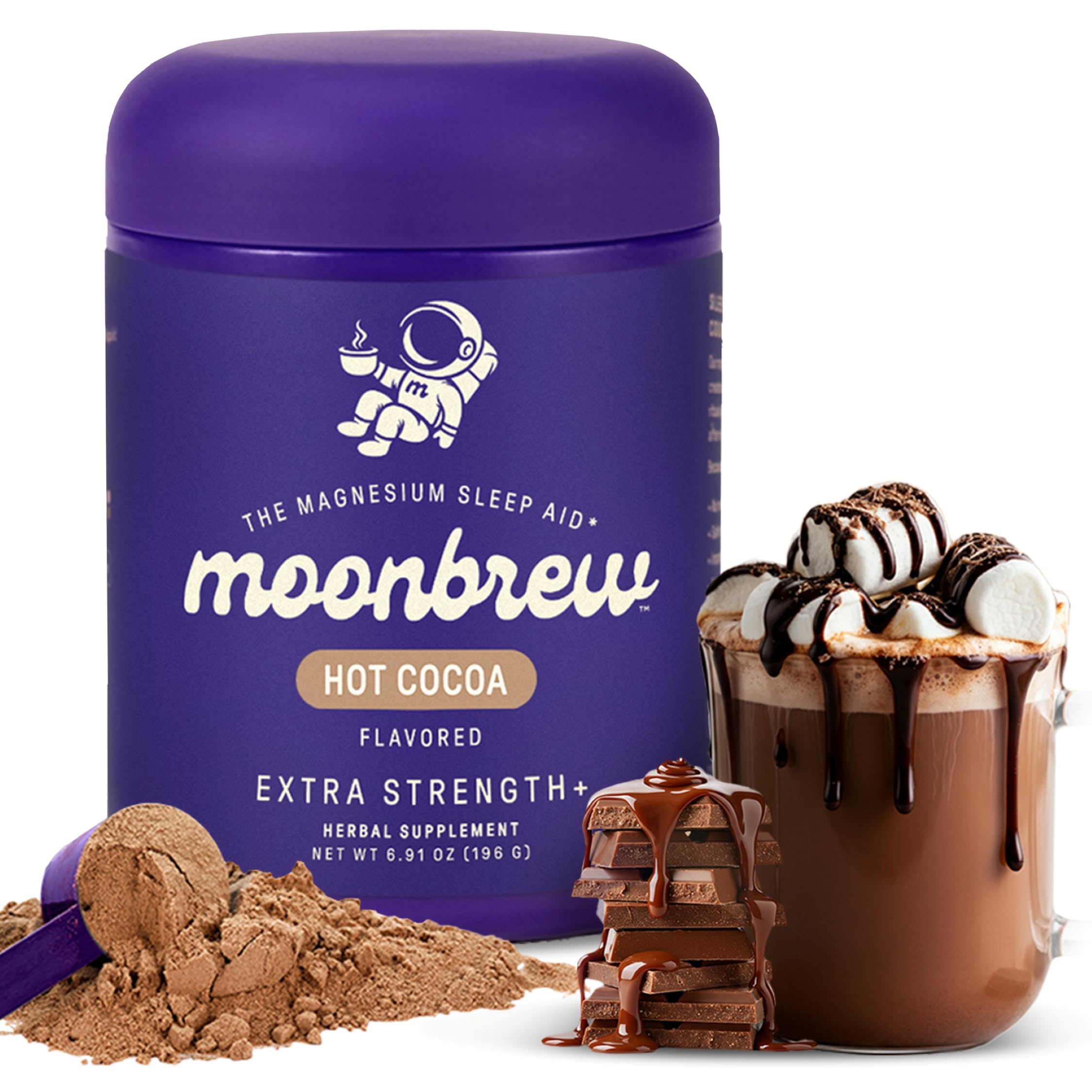 MoonBrew Nighttime Magnesium Hot Cocoa jar with scoop
