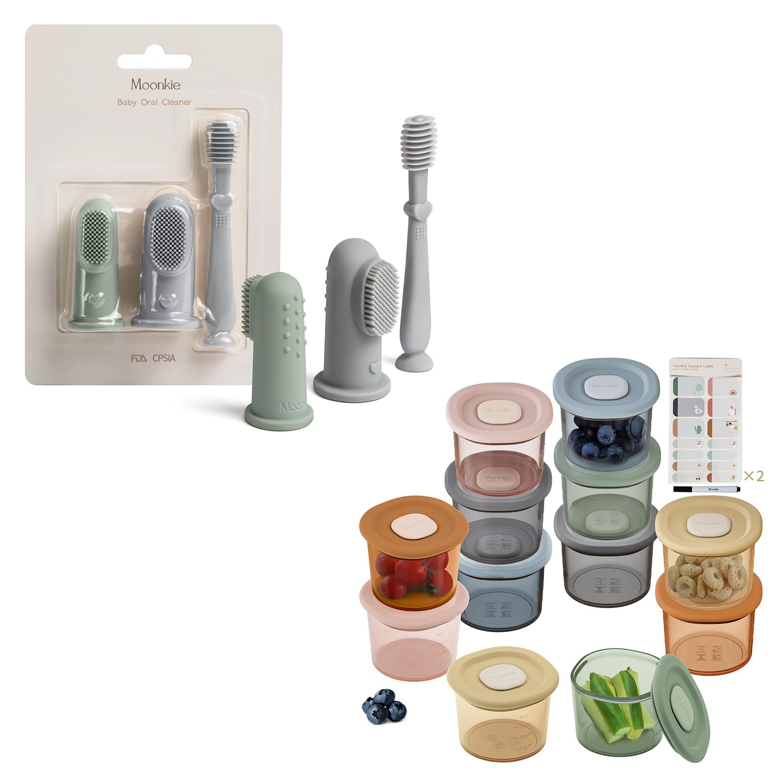 Moonkie baby oral care kit with finger toothbrushes and tongue cleaner
