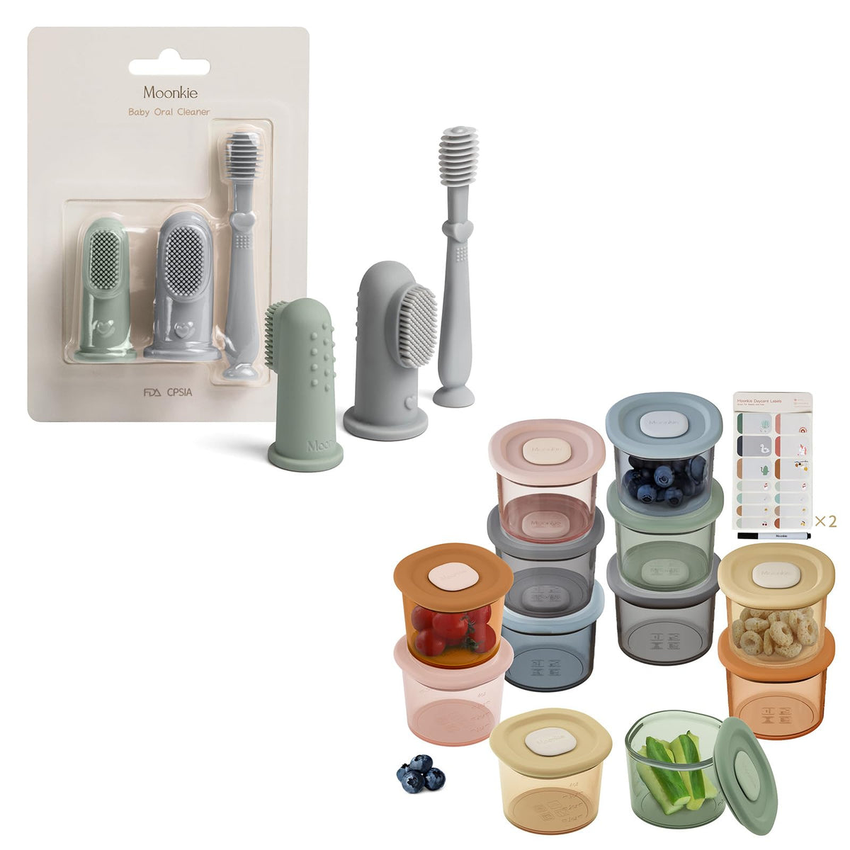 Moonkie baby oral care kit with finger toothbrushes and tongue cleaner