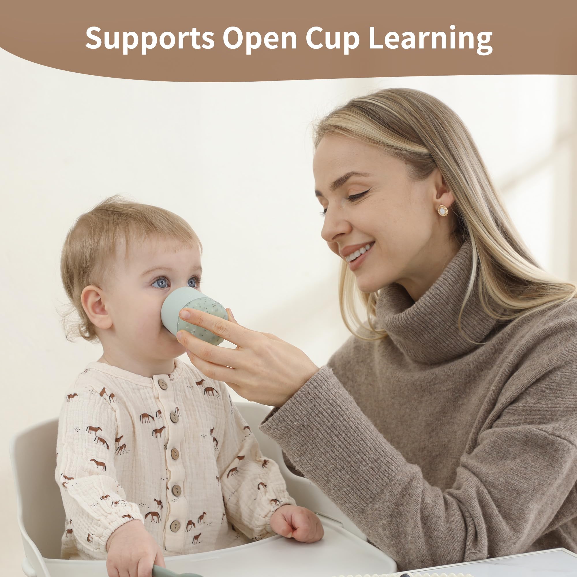 Soft-spout sippy cup designed to ease transition from bottle to cup