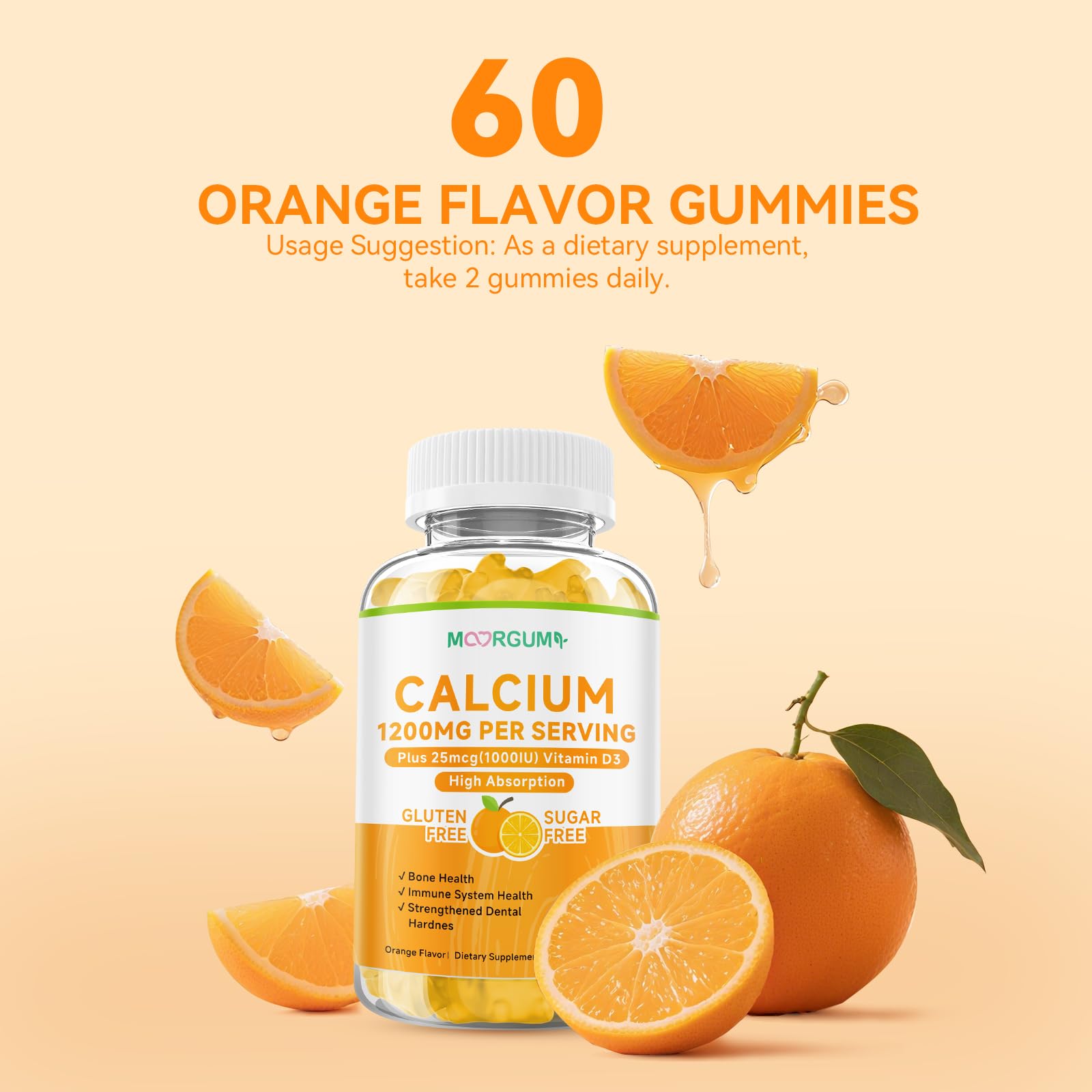 Orange flavored MOORGUMY bottle packaging with 120 count