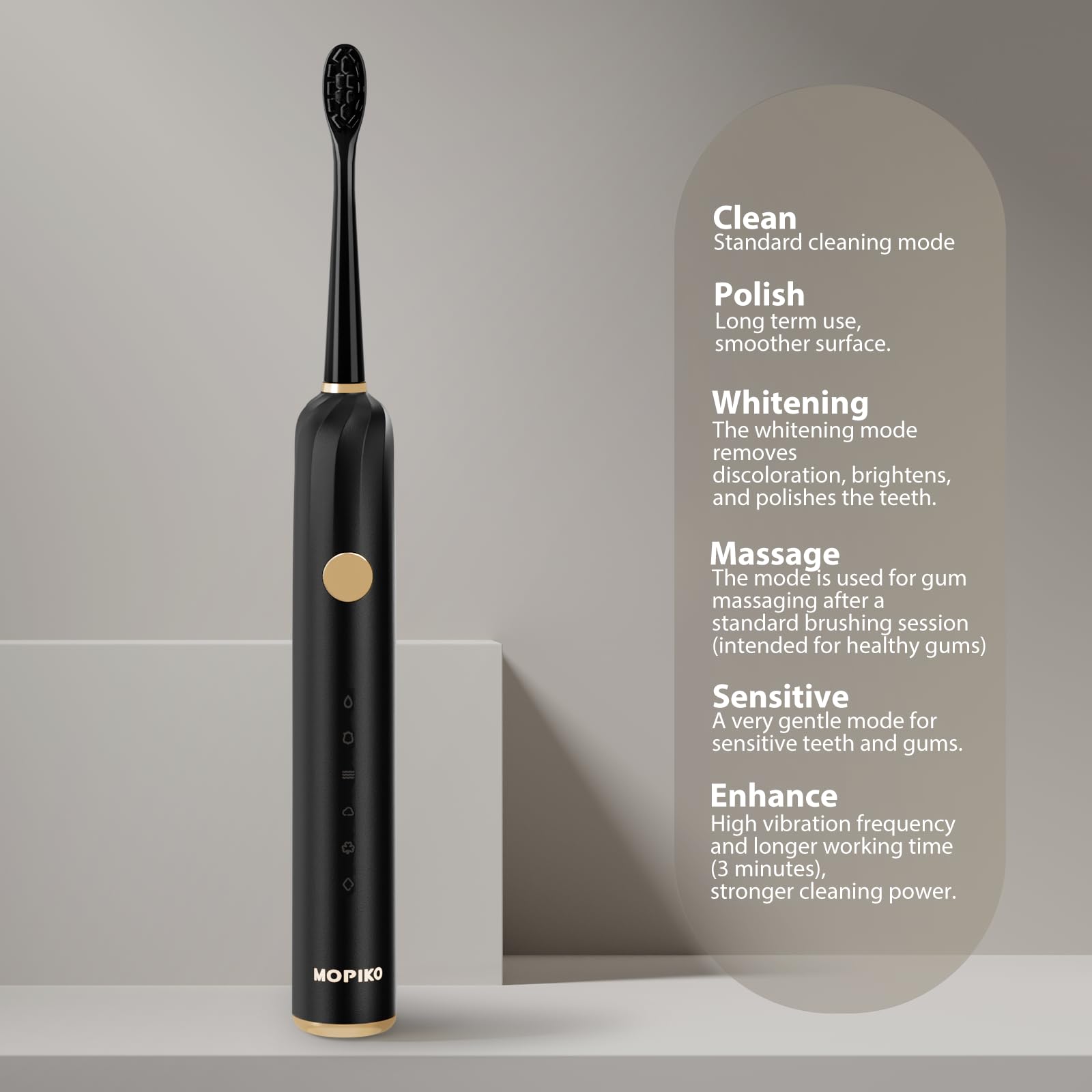 Diagram showing the six cleaning modes of MOPIKO toothbrush