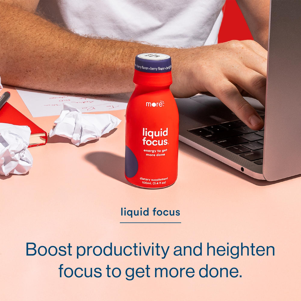 More Labs Liquid Focus close-up label highlighting caffeine and adaptogens.