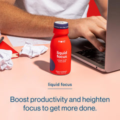 More Labs Liquid Focus close-up label highlighting caffeine and adaptogens.