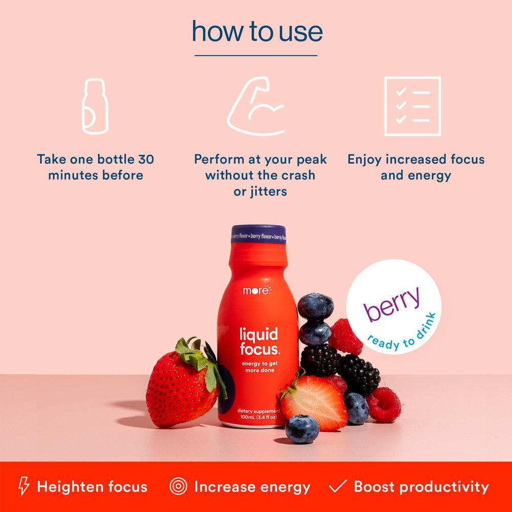 More Labs Liquid Focus glass beside notebook during study session.