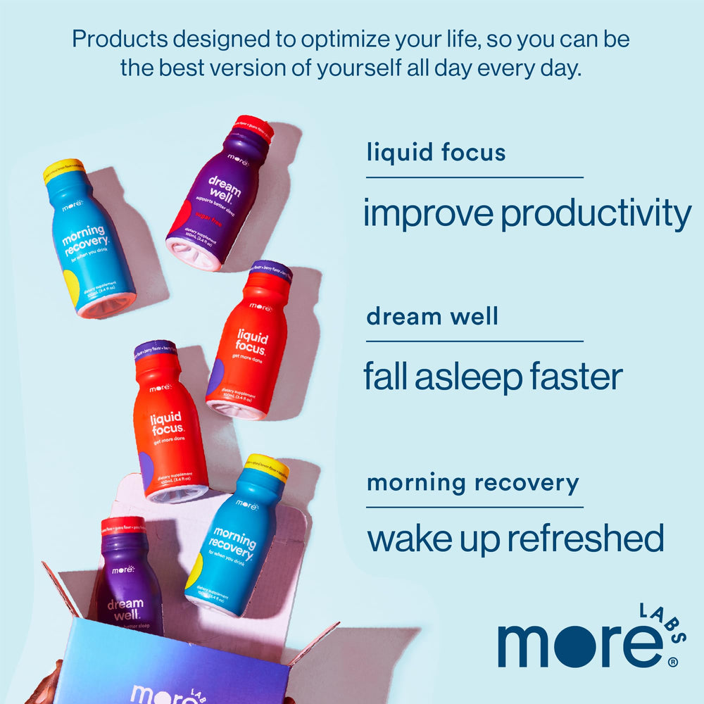More Labs Liquid Focus morning routine shot with glass as a caffeine alternative.