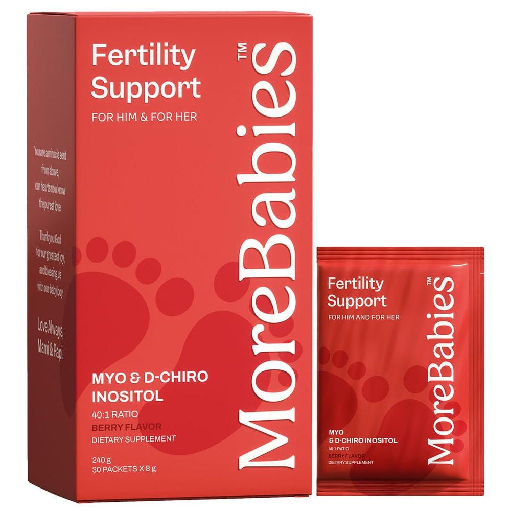 Front view of MoreBabies berry-flavored fertility supplement packaging