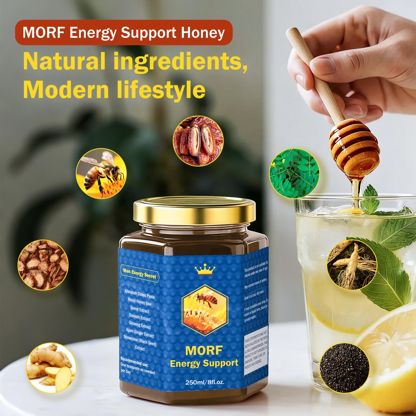 MORF Energy Support Honey jar side view with clear glass packaging