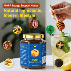 MORF Energy Support Honey jar side view with clear glass packaging