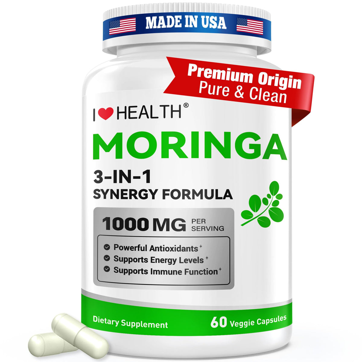 Moringa capsules bottle with 1000mg 10:1 leaf extract
