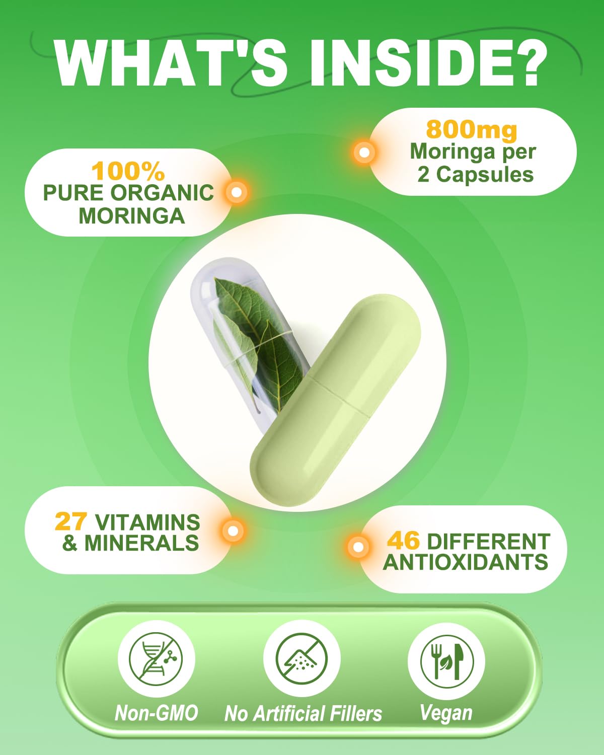 Close-up of moringa leaf powder inside vegan capsules