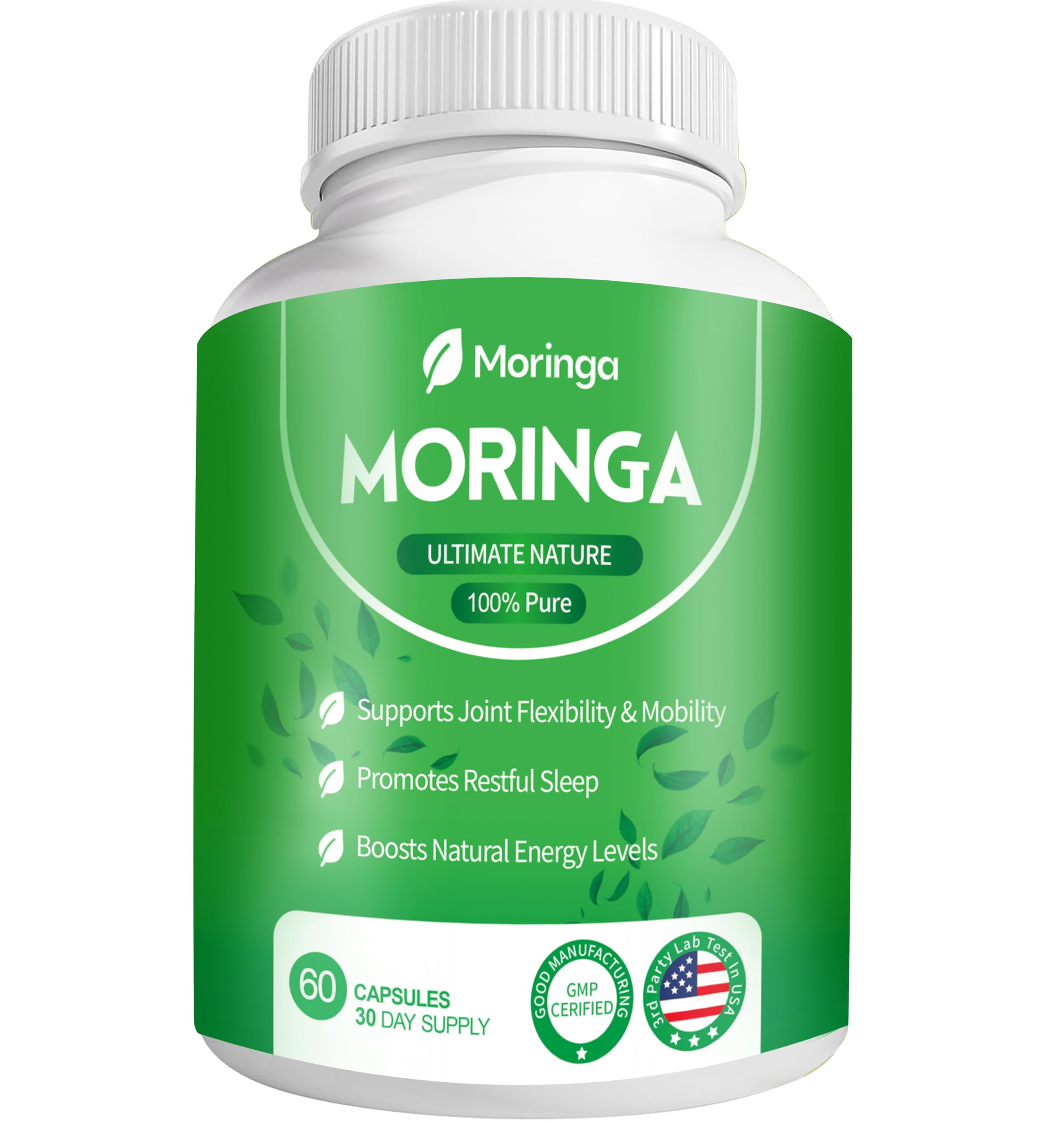 Bottle of moringa capsules showing 800mg per capsule
