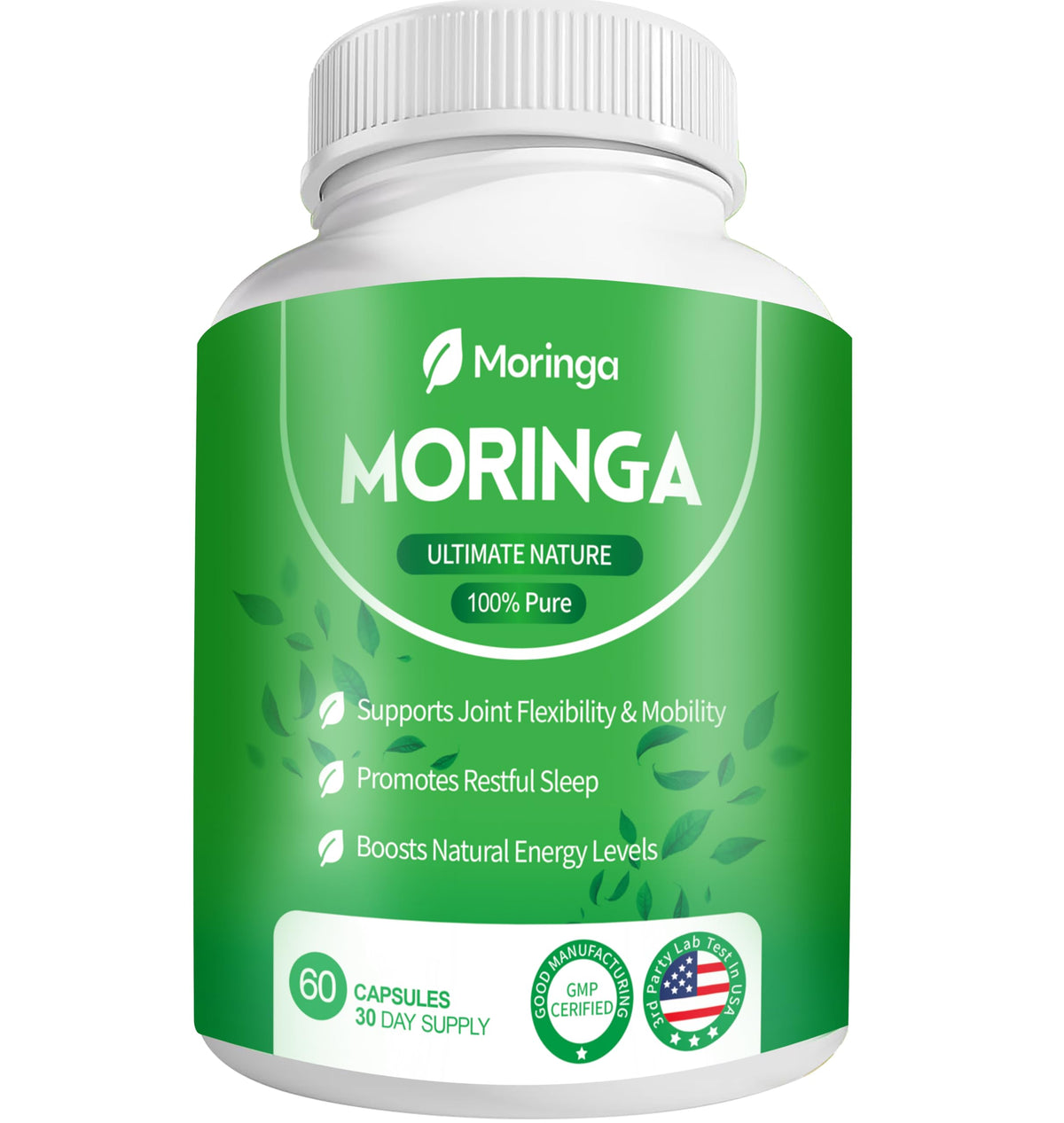 Bottle of moringa capsules showing 800mg per capsule