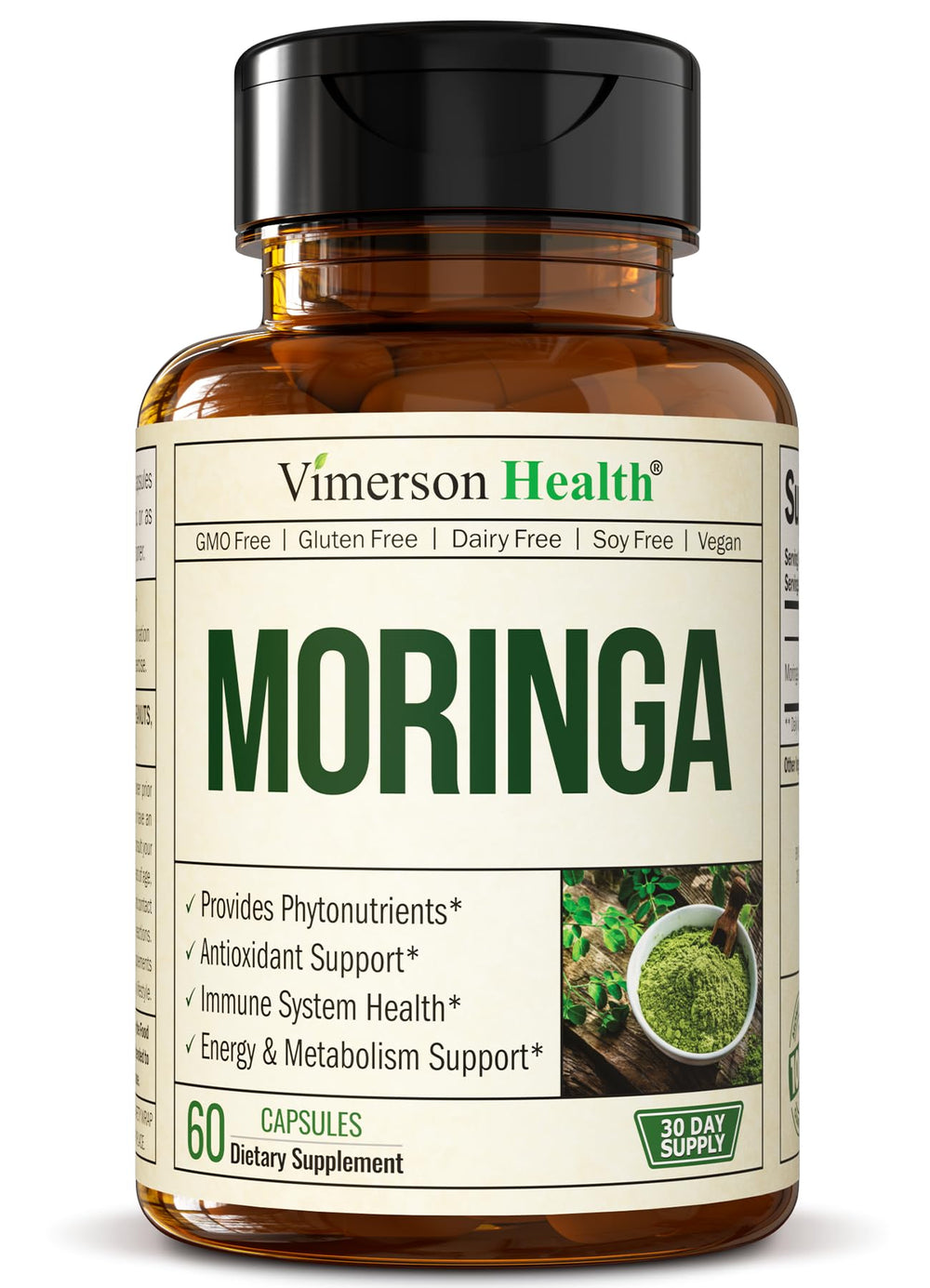 Bottle of Moringa Capsules on white background