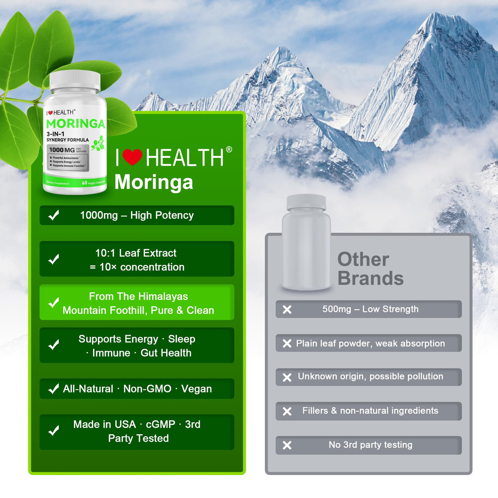 Moringa capsules 1000mg close-up with 10:1 leaf extract label