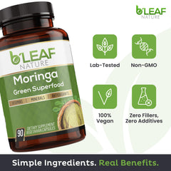 Close-up of moringa capsules showing 500mg per capsule