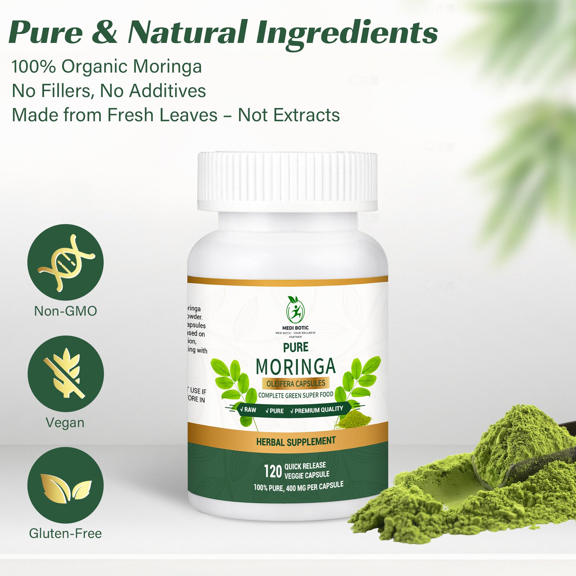 Label highlighting gluten-free and non-GMO plant-based formula