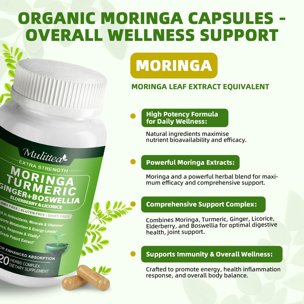 Graphic showing ingredients: Moringa, Turmeric, Ginger, Elderberry, Licorice and Boswellia