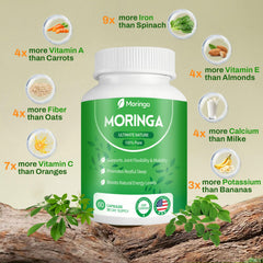 Label on moringa capsules indicating vegan and gluten-free