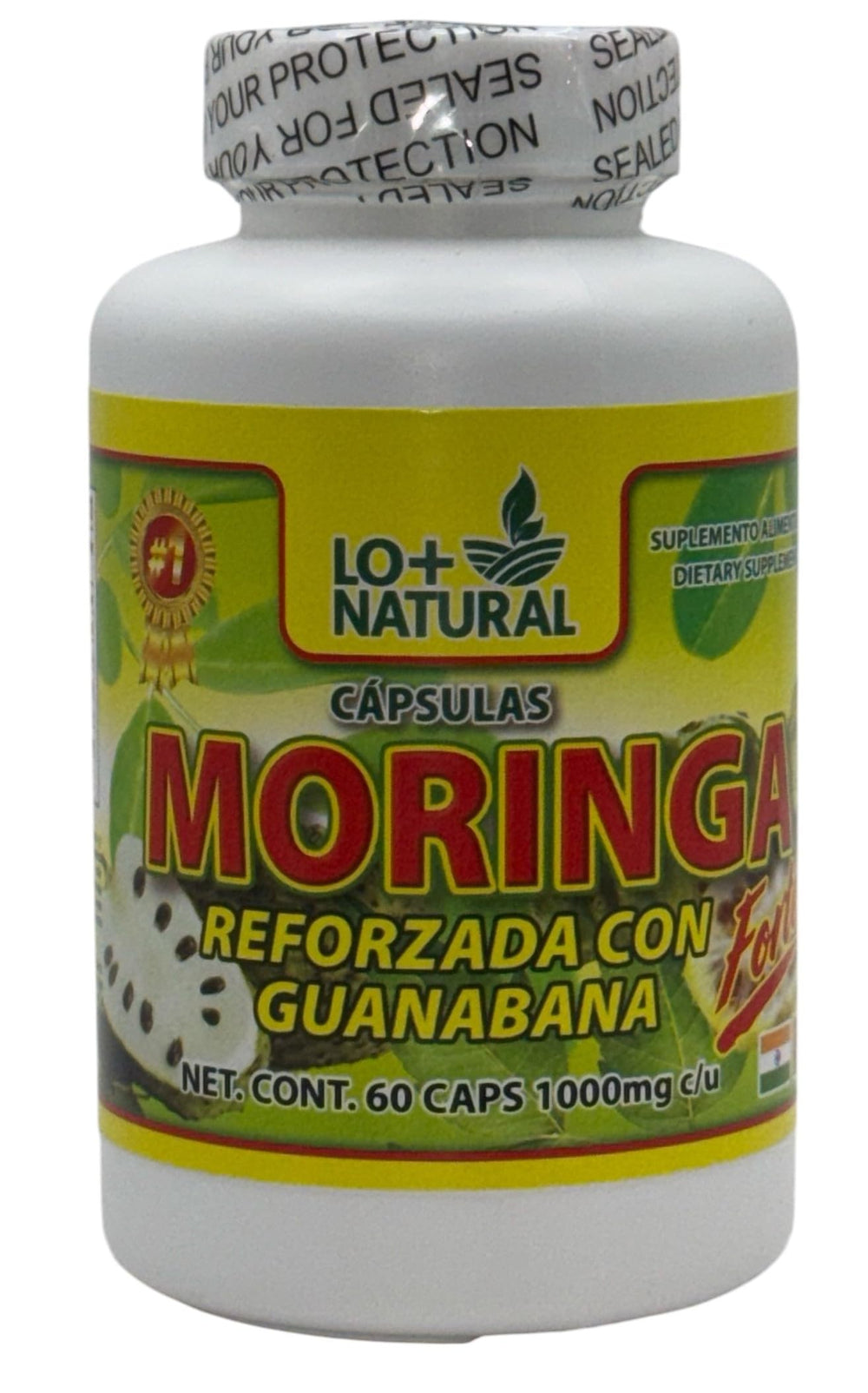 Close-up of Moringa and Soursop capsules (1000 mg each)