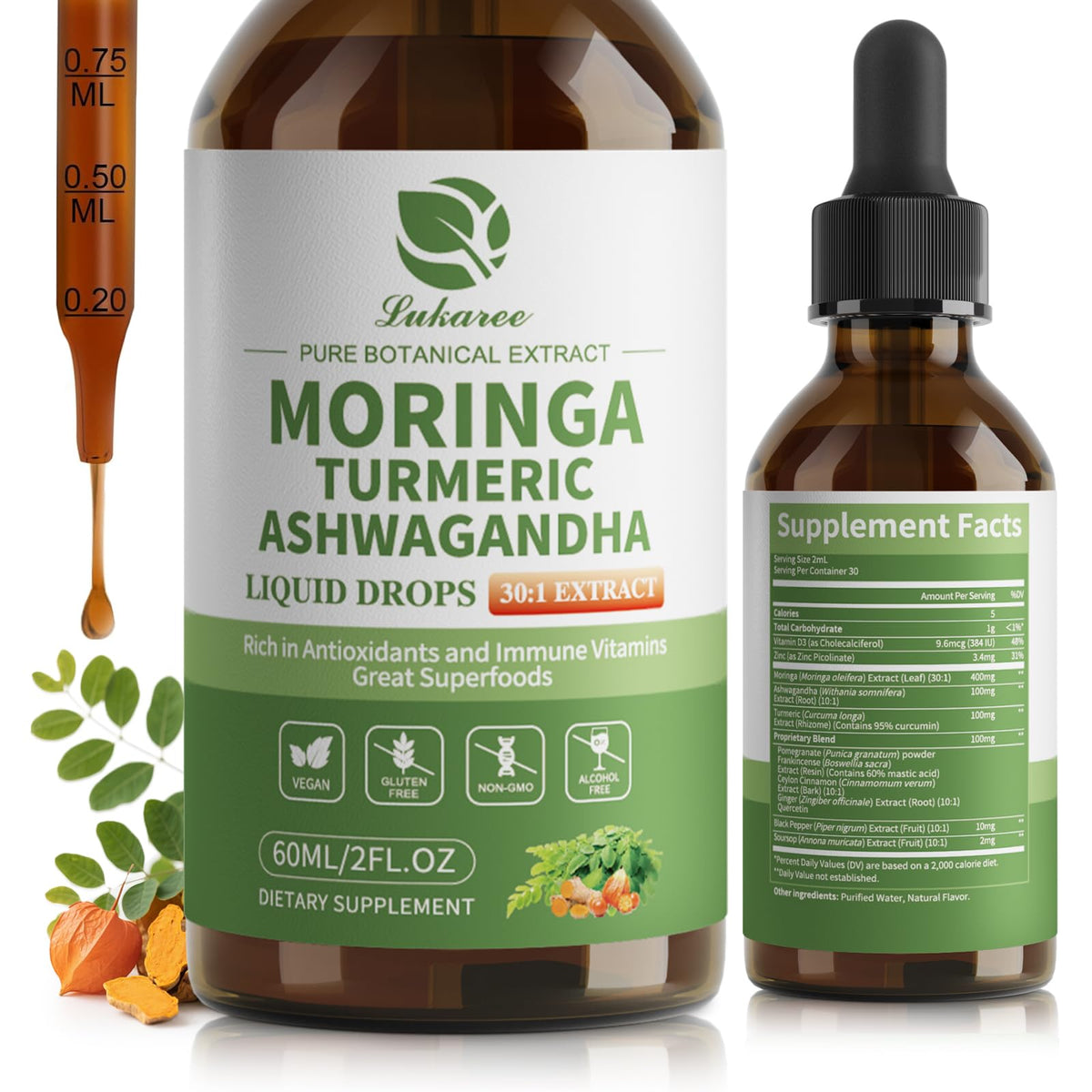Product image: 12-in-1 Organic Moringa Drops with Ashwagandha, Turmeric and Quercetin