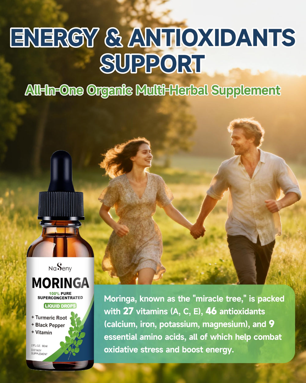 Close-up of organic moringa leaves and ingredients