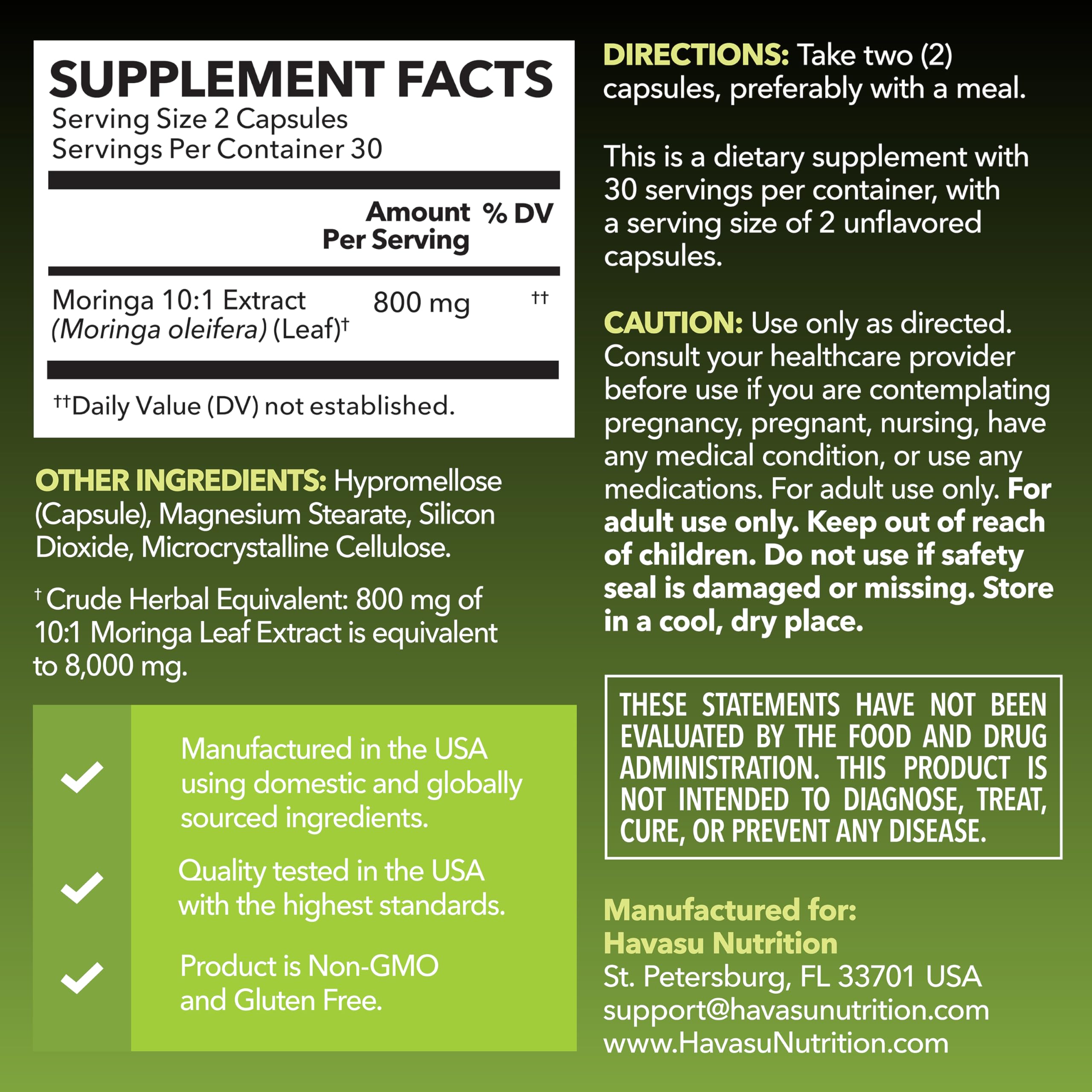 Close-up of moringa leaf extract 10:1 and 800mg per serving