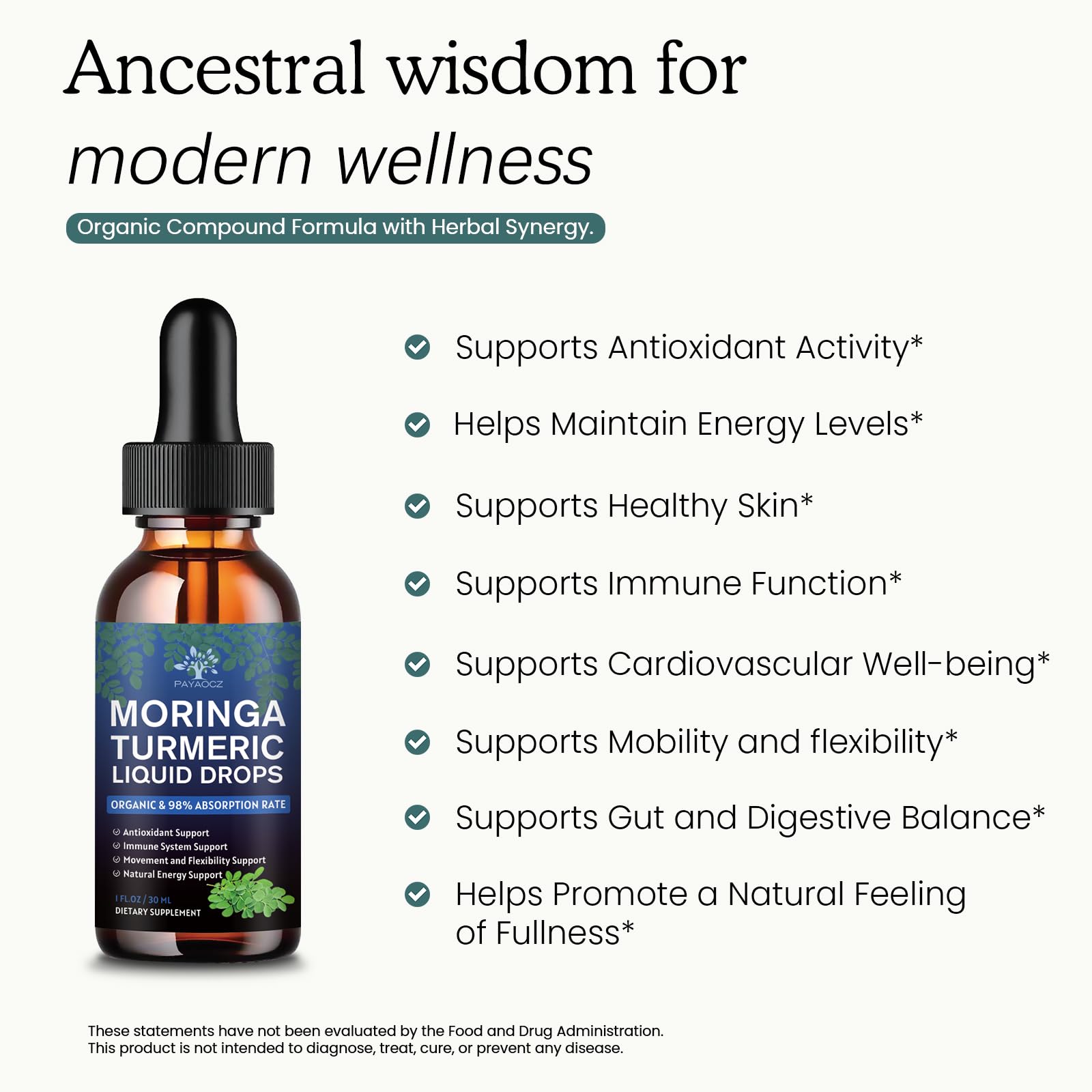 Close-up of moringa leaf extract bottle and dropper