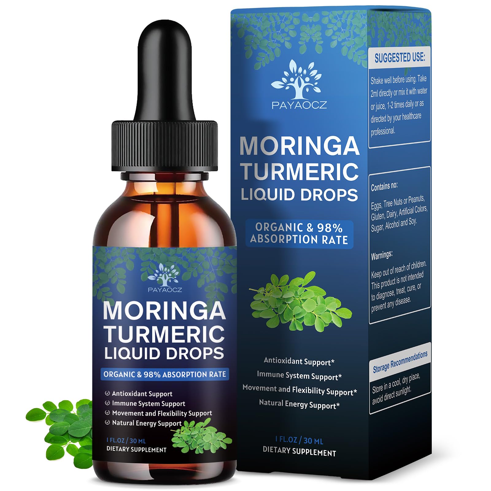 Front label of the 1 oz bottle with product name (2 Pack) Organic Moringa Leaf Extract Drops 1000 mg