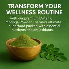 Moringa leaf powder in glass jar with scoop